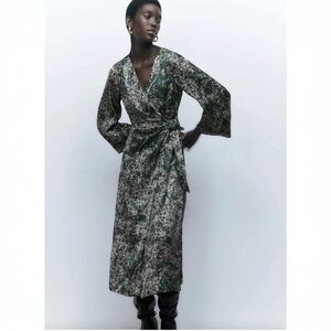 NWOT ZARA Forest Green Brown Beige Abstract Flowy Satin Midi Maxi Dress Size XS